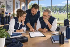 Illustration de trois bénévoles préparant le projet de leur club de tir à l’arc autour d’une table.