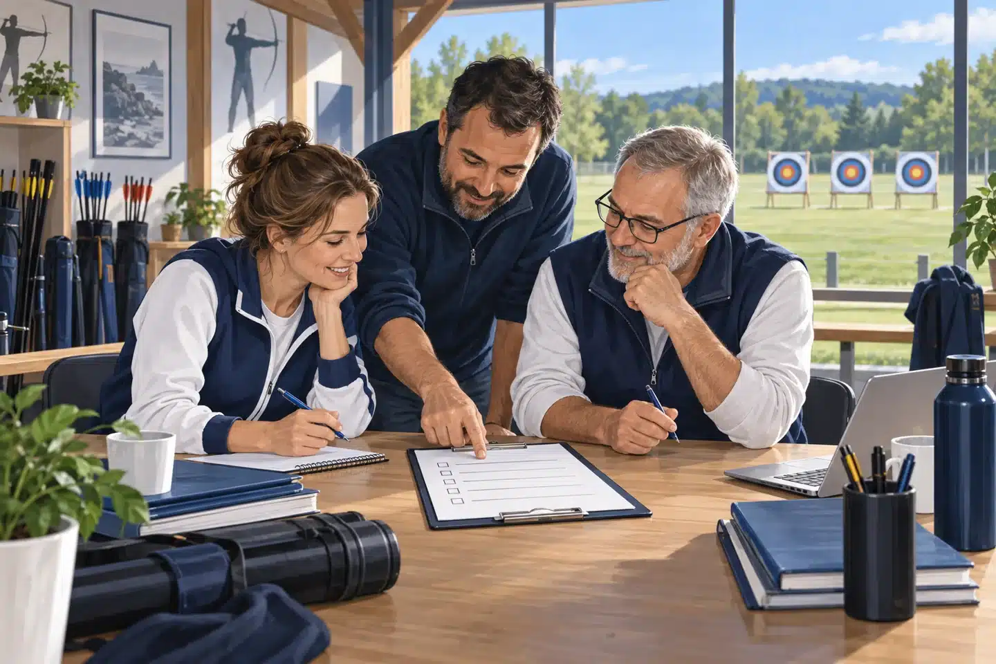 Illustration de trois bénévoles préparant le projet de leur club de tir à l’arc autour d’une table.